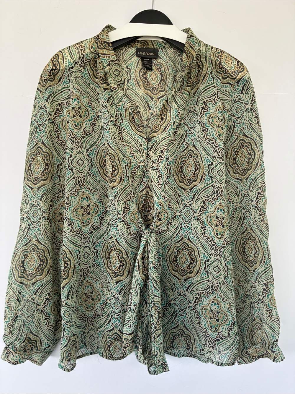 Lane Bryant Green Paisley Tie-Front Sheer Blouse with Brown Accents 22/24